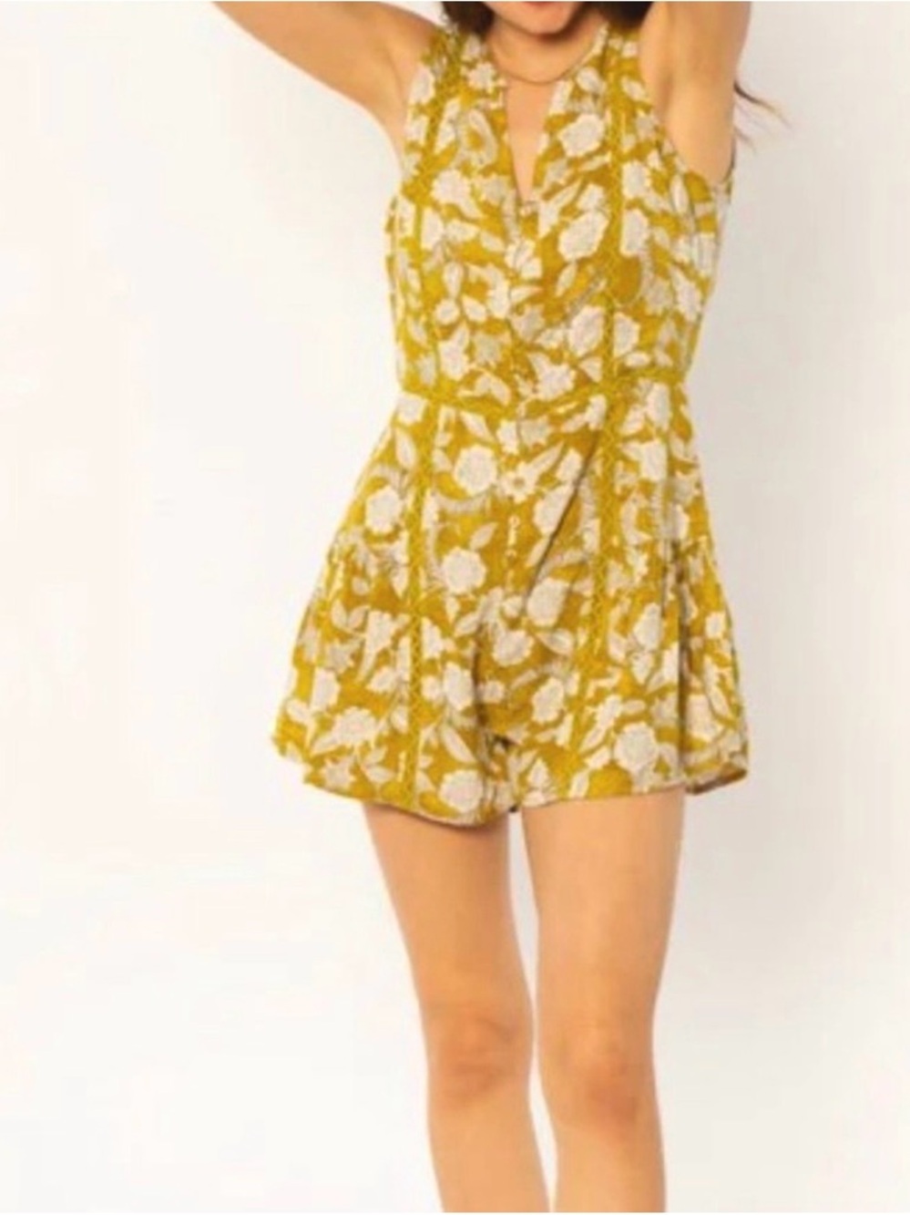 Amuse Society Summer Mustard Yellow Floral Romper with Cream Trim